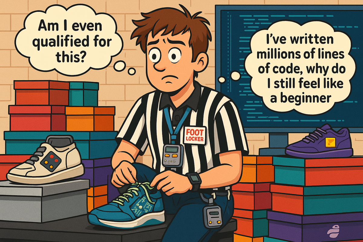 A young Nick thinking back to working at footlocker, saying he has written millions of lines of code, but still questioning h