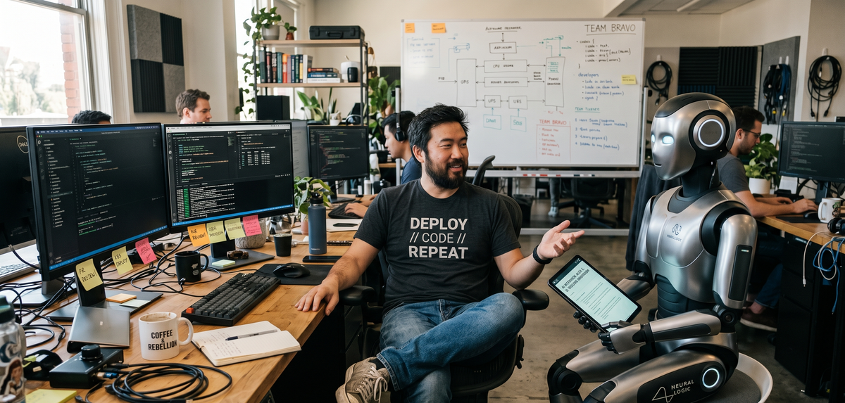 AI interviewing a casual tech leader in a realistic software development workspace