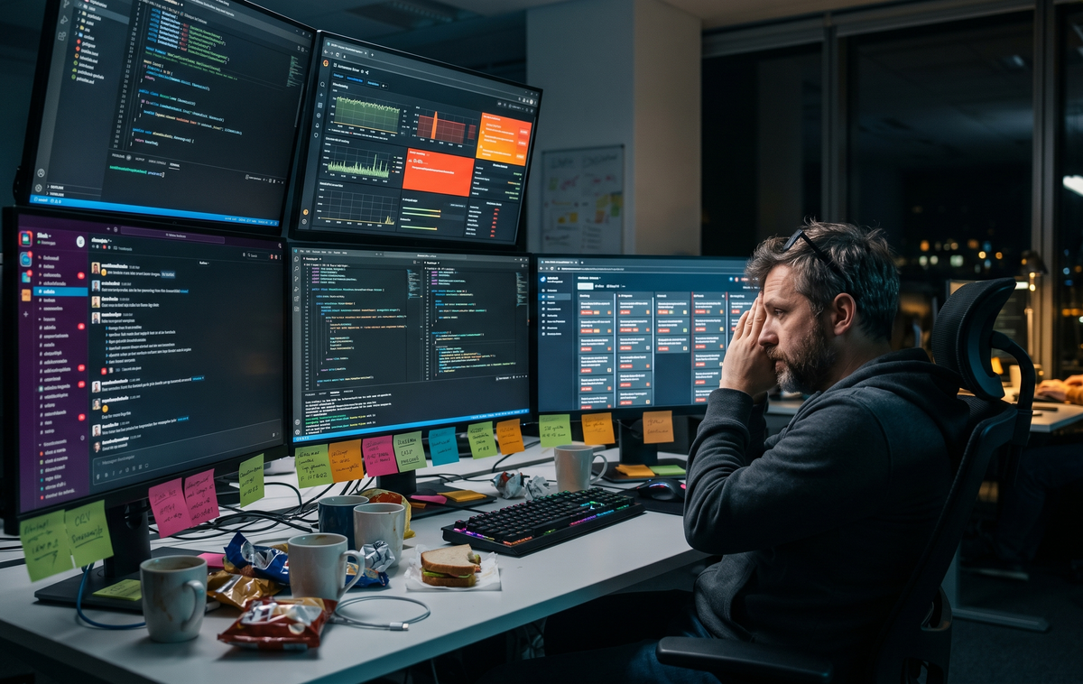 Exhausted software engineer working late surrounded by glowing monitors, alerts, and endless notifications.