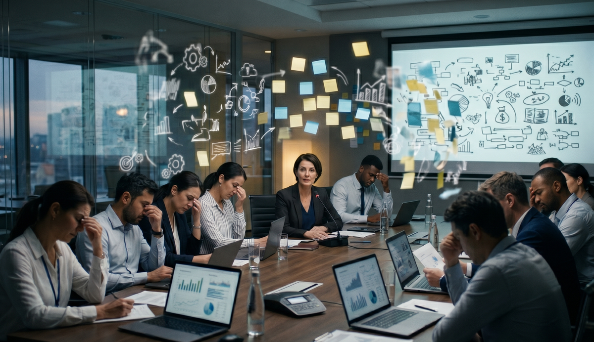 Corporate meeting where one leader communicates clearly while others speak in confusing jargon.