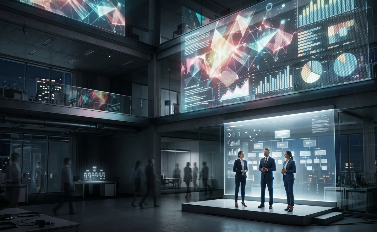 Executives presenting AI transformation plans during corporate layoffs in a modern tech office.