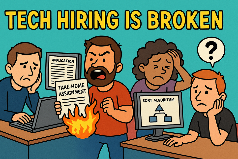 A bunch of developers doing the terrible things current tech interviews require.